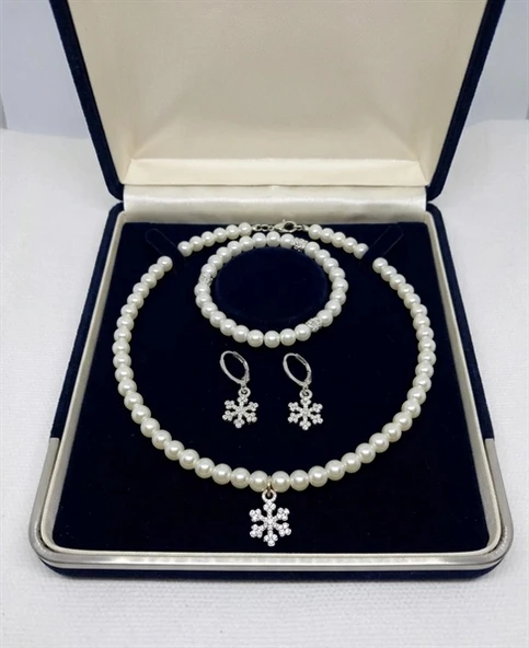 Kar Tanesi Detaylı 3'lü Kolye Bileklik Küpe Seti ürün görseli 1