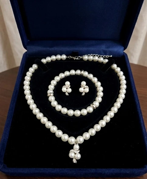 Göz Alıcı İnci 3'lü Kolye Bileklik Küpe Seti ürün görseli 1