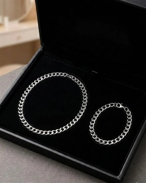 Unisex Gurmet Zincir 2'li Kolye Bileklik Seti ürün görseli 1
