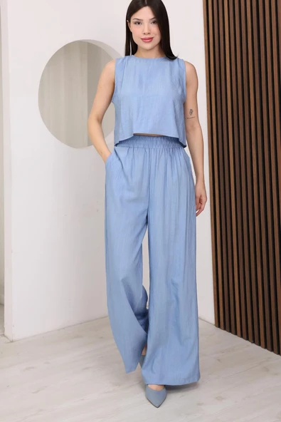 Mavi Sırtı Çapraz Bağcıklı Crop Bluz & Yüksek Bel Palazzo Pantolon Alt Üst Takım ürün görseli 1
