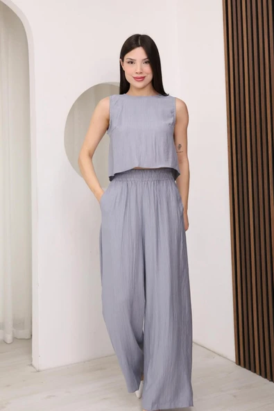 Gri Sırtı Çapraz Bağcıklı Crop Bluz & Yüksek Bel Palazzo Pantolon Alt Üst Takım ürün görseli 1