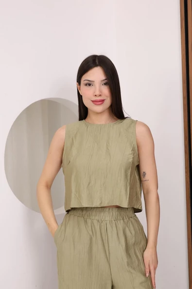 Haki Sırtı Çapraz Bağcıklı Crop Bluz & Yüksek Bel Palazzo Pantolon Alt Üst Takım ürün görseli 1