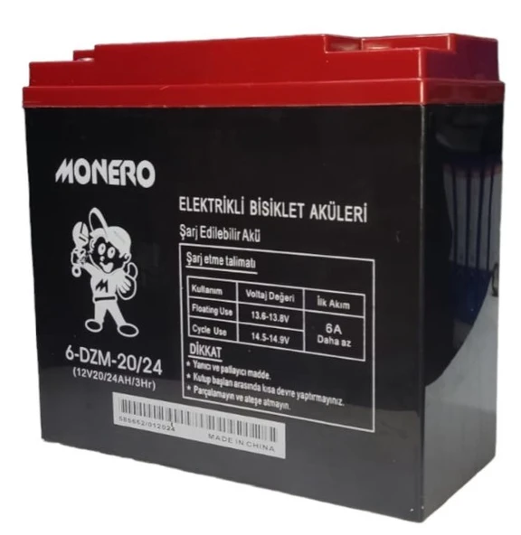 MONERO 12V-20 AMPER (DİK) YENİ TARİHLİ E-BIKE ELEKTRİKLİ BİSİKLET AKÜ EBATLAR:180*78*170 mm ürün görseli 1