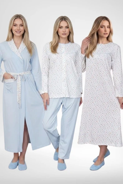 Mecit 6386 Mavi Büyük Beden Kadın Sabahlık Pijama Gecelik Set ürün görseli 1