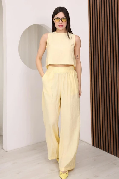 Sarı Sırtı Çapraz Bağcıklı Crop Bluz & Yüksek Bel Palazzo Pantolon Alt Üst Takım ürün görseli 1