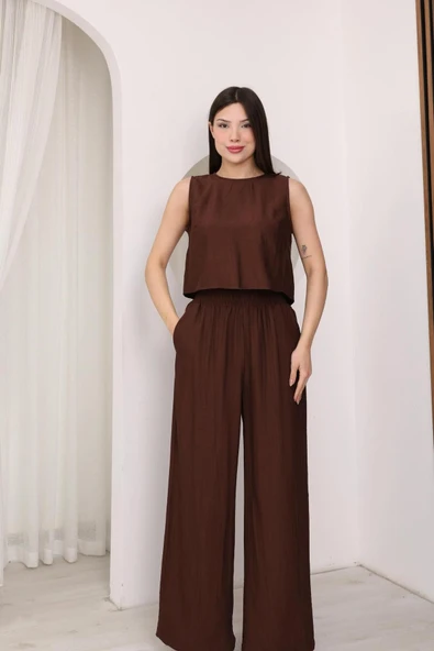 Kahverengi Sırtı Çapraz Bağcıklı Crop Bluz & Yüksek Bel Palazzo Pantolon Alt Üst Takım ürün görseli 1