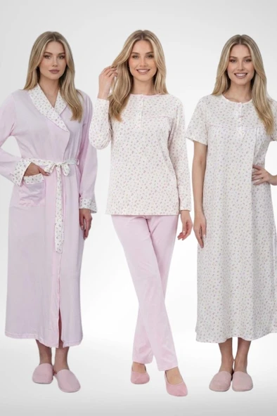 Mecit 6385 Pembe Büyük Beden Kadın Sabahlık Pijama Gecelik Set ürün görseli 1