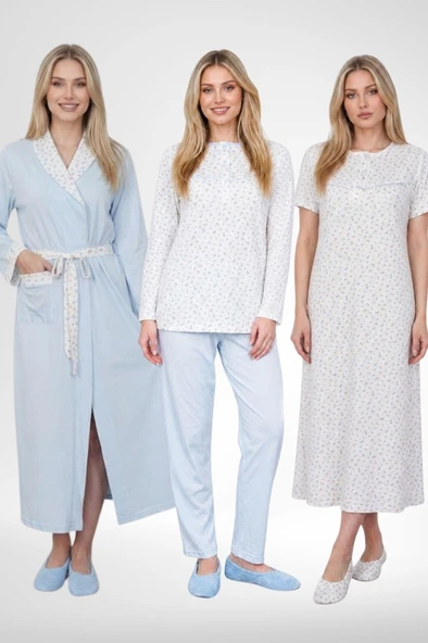 Mecit 6385 Mavi Büyük Beden Kadın Sabahlık Pijama Gecelik Set ürün görseli 1