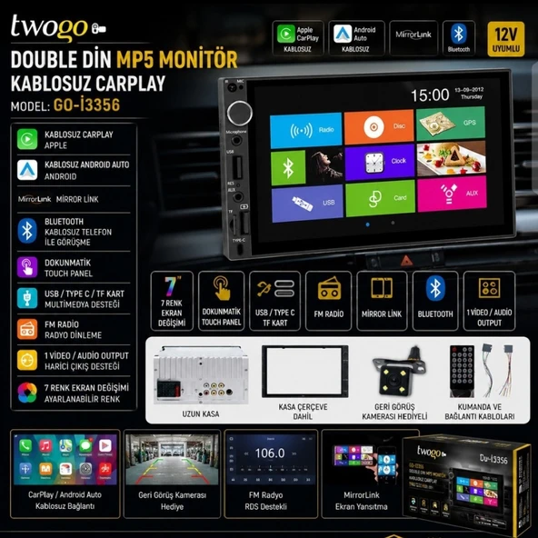 Twogo I3356 7 Inç Double Teyp Mp5 Multimedya Kablosuz Carplay Kablosuz + Android Auto ürün görseli 1