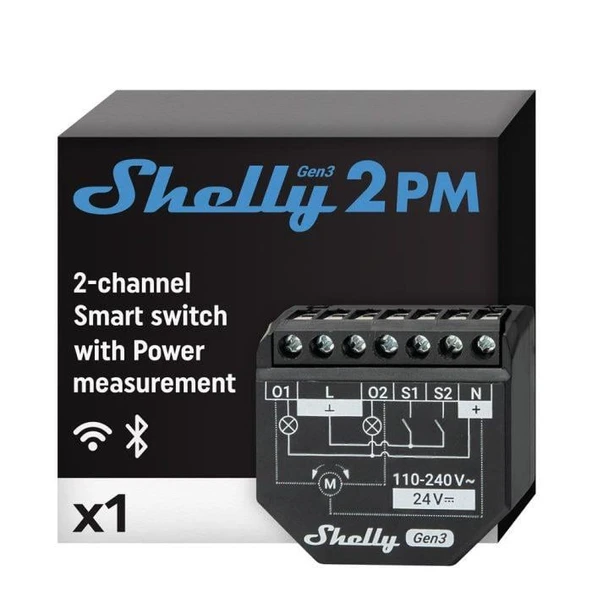 Shelly 2PM Gen3 Enerji Ölçümlü 2 Kanallı Akıllı Röle ürün görseli 1