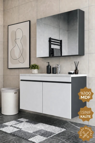 Teta Home Tokyo 100 cm MDF Banyo Dolabı Seti  Antrasit-Beyaz ürün görseli 1