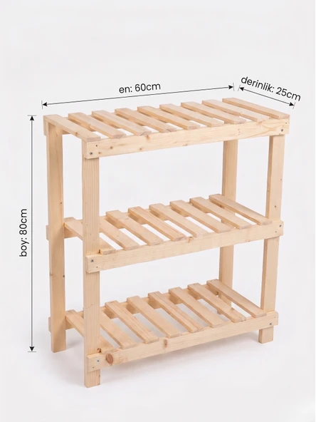 Nest WoodTr Doğal Ham Ahşap Üç Bölmeli Ayakkabılık Çok Amaçlı Raf Çiçek Standı Sehpa 80x60x25cm 1Adet ürün görseli 1