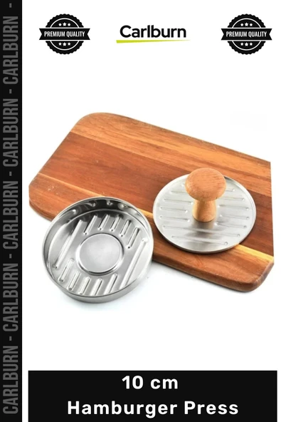 #Press Profesyonel Metal Köfte Şekillendirici Ahşap Saplı Dayanıklı Kalıp 10 cm Hamburger Press ürün görseli 1