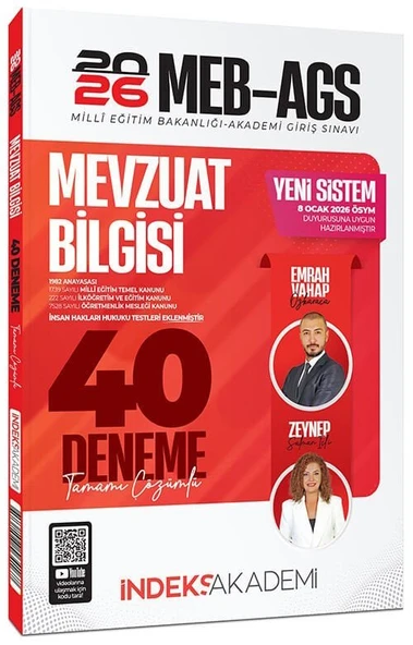 YENİ AGS - İndeks Akademi 2026 MEB-AGS Mevzuat Bilgisi 40 Deneme Çözümlü - Emrah Vahap Özkaraca, Zeynep Salman İçli İndeks Akademi Yayıncılık ürün görseli 1