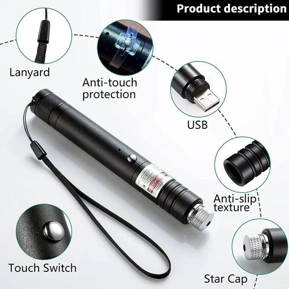 Fithome 100mw Desen Başlıklı Usb Şarjlı Yeşil Lazer Pointer - Resim 4