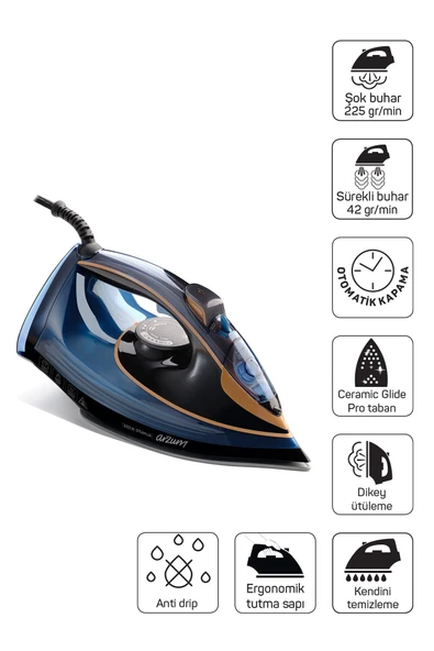 ARZUM AR6043 Steamlux Buharlı Ütü Seramik Taban 3000W, 225 gr/min Şok Buhar, Mavi ürün görseli 1