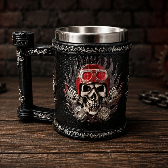 Kuru Kafa Motorcu Tasarımlı Metal Kupa Bardak ürün görseli 1