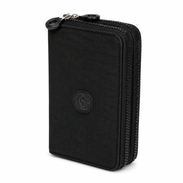 Kadın Siyah Krinkıl Kumaş Büyük Cüzdan Çift Fermuarlı Organizer Model ürün görseli 1