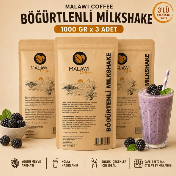 Malawi Coffee Böğürtlenli Milkshake 1000 Gr x 3 Adet ürün görseli 1