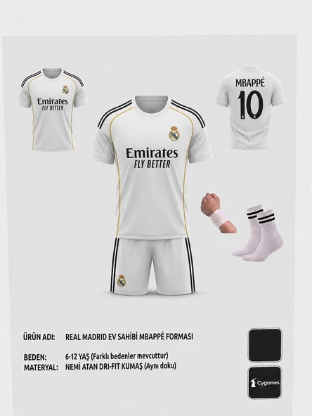 Mbappe 25/26 Sezon Real Madrid 10 Numara Çocuk Forması 4 Parça Forma+Şort+Çorap+Biliklik ürün görseli 1
