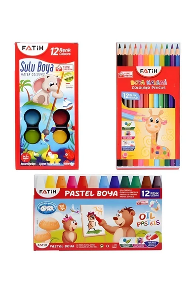 FATİH 3'LÜ BOYAMA SETİ 12'Lİ (KURU BOYA+SULU BOYA+PASTEL BOYA) ürün görseli 1