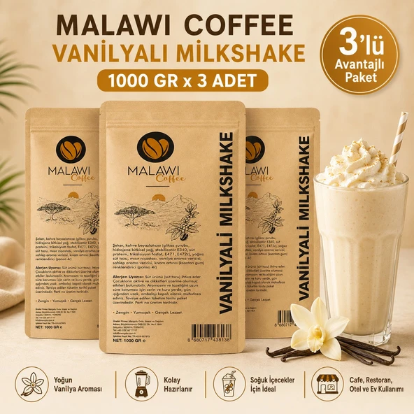 Malawi Coffee Vanilyalı Milkshake 1000 Gr x 3 Adet ürün görseli 1
