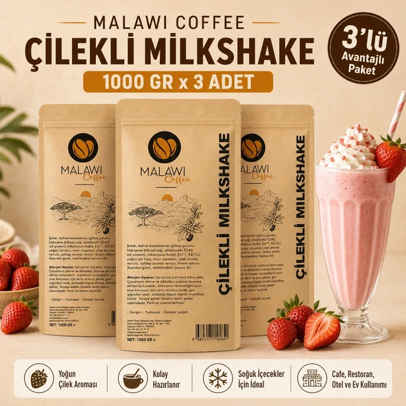 Malawi Coffee Çilekli Milkshake 1000 Gr x 3 Adet ürün görseli 1