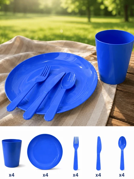 Beylini 20 Parça Piknik Seti Tabak Çatal Kaşık Bıçak Bardak 4 Kişilik Gezi Set Kahvaltı Makinede Yıkanabilir Set Mavi ürün görseli 1