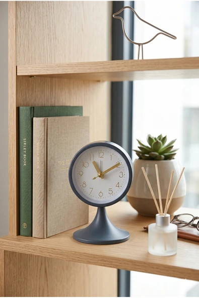 Lacivert Masa Saati 13cm Modern Retro Tasarım Dekoratif Ofis ve Ev Aksesuarı Özel Hediyelik Şık Obje ürün görseli 1