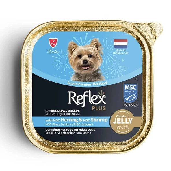 Reflex Plus Jöle İçinde Et Parçacıklı MSC Ringa Balıklı ve MSC Karidesli Mini ve Küçük Irklar için Yetişkin Köpek Maması ürün görseli 1