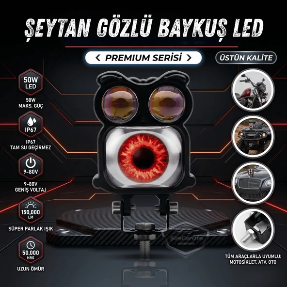 Şeytan Gözlü Baykuş Sis Farı Çakarlı Çift Renk Sarı-Beyaz 9-80V Araç Motosiklet Off Road Led Lamba Delici Yayıcı Projektör 50W Metal Arazi Çalışma Lambası 1 Adet ürün görseli 1