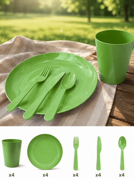 Beylini 20 Parça Piknik Seti Tabak Çatal Kaşık Bıçak Bardak 4 Kişilik Gezi Set Kahvaltı Makinede Yıkanabilir Set Yeşil ürün görseli 1