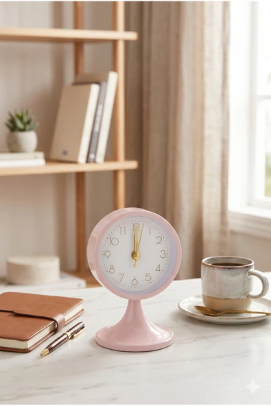 Pembe Retro Dekoratif Masa Saati 13 cm Şık Başucu Alarm Saati Ofis Ev Hediyelik Modern Vintage Saat ürün görseli 1