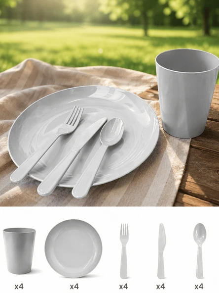 Beylini 20 Parça Piknik Seti Tabak Çatal Kaşık Bıçak Bardak 4 Kişilik Gezi Set Kahvaltı Makinede Yıkanabilir Set Gri ürün görseli 1