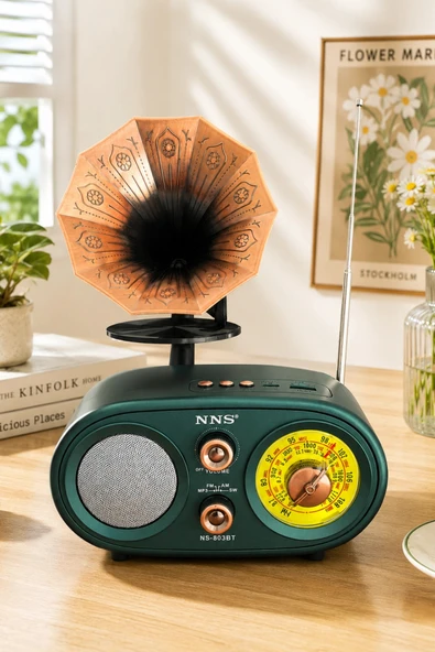 NNS NS-803BT Yeşil Retro Radyo Bluetooth Hoparlör USB TF Kart Şarjlı Nostaljik Radyo ürün görseli 1