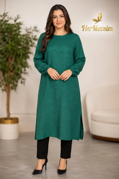 Missbah Kadın Efnan Keten Basic 115cm Yanı Yırtmaçlı Uzun Yeşil Tunik ürün görseli 1