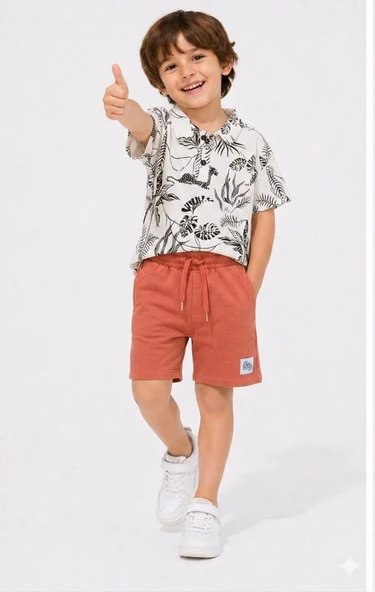 Cg Kids Safari Desenli Erkek Çocuk Yakalı Tişört ve Şort Pamuklu Yazlık Takım ürün görseli 1