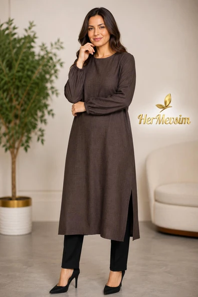 Missbah Kadın Efnan Keten Basic 115cm Yanı Yırtmaçlı Uzun Kahve Tunik ürün görseli 1