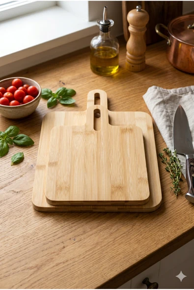 2'li Doğal Bambu Kesme Tahtası ve Sunum Seti - 30x24 cm ve 24x17 cm Dikdörtgen Mutfak Servis Tahtası ürün görseli 1