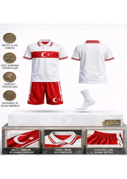 Türkiye Milli Takım Yakalı 01 Özel Tasarım Beyaz-Kırmızı Çocuk Futbol Forması Takımı 3 Lü Set Forma+Şort+Çorap (KOD:Y01) ürün görseli 1
