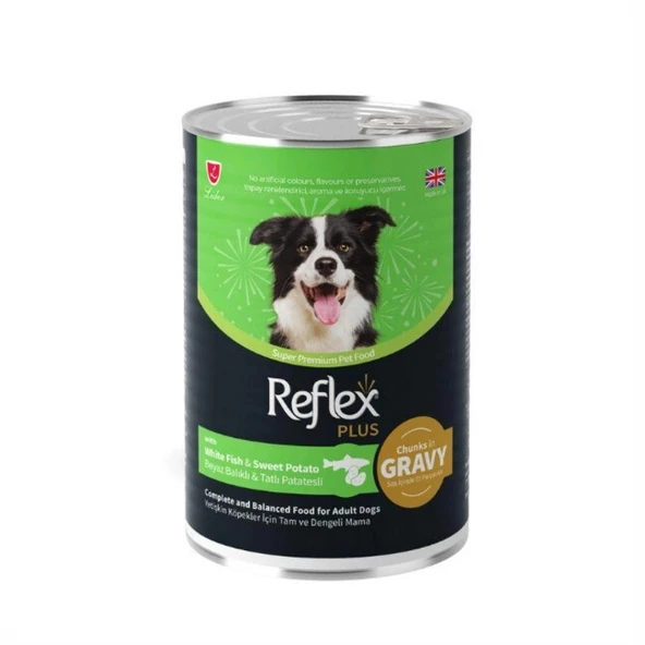 Reflex Plus Sos İçinde Et Parçacıklı Beyaz Balıklı ve Tatlı Patatesli Yetişkin Konserve Köpek Maması 400g ürün görseli 1