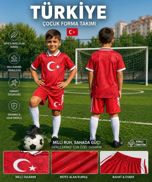 Türkiye Milli Takım Yakalı Özel Tasarım Kırmızı-Beyaz Çocuk Futbol Forması Takımı 4 Lü Set Forma+Şort+Bileklik+Çorap ürün görseli 1