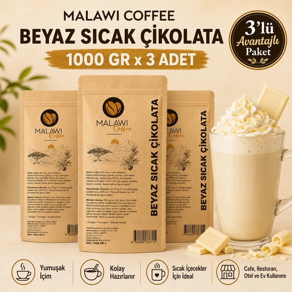 Malawi Coffee Beyaz Sıcak Çikolata 1000 Gr x 3 Adet ürün görseli 1