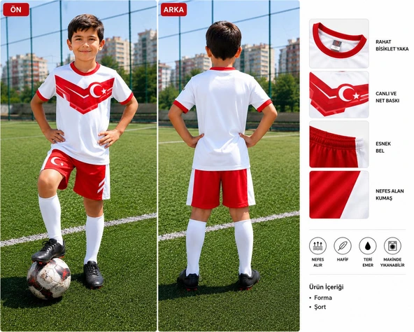 Türkiye Milli Takım Yakalı 02 Özel Tasarım Beyaz-Kırmızı Çocuk Futbol Forması Takımı 4 Lü Set Forma+Şort+Çorap+Bileklik ürün görseli 1
