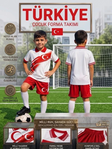 Türkiye Milli Takım Yakalı Y02 Özel Tasarım Beyaz-Kırmızı Çocuk Futbol Forması Takımı 2 Li Set Forma+Şort (KOD:Y02) ürün görseli 1