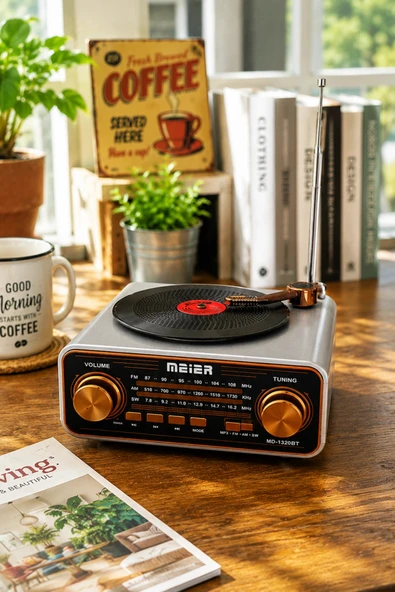 Meier MD-1320BT Gri Nostaljik Görünümlü Bluetooth Hoparlör ve 3 Bantlı Şarjlı Radyo ürün görseli 1