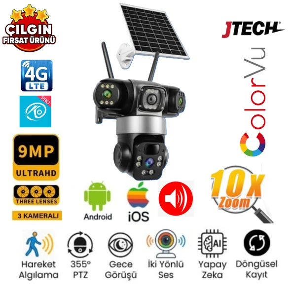 O-Kam OK-302 AOV (3+3+3) 9MP 4G Sim Kartlı Solar Panelli 3 Lens 1 PTZ Akıllı Kamera ürün görseli 1