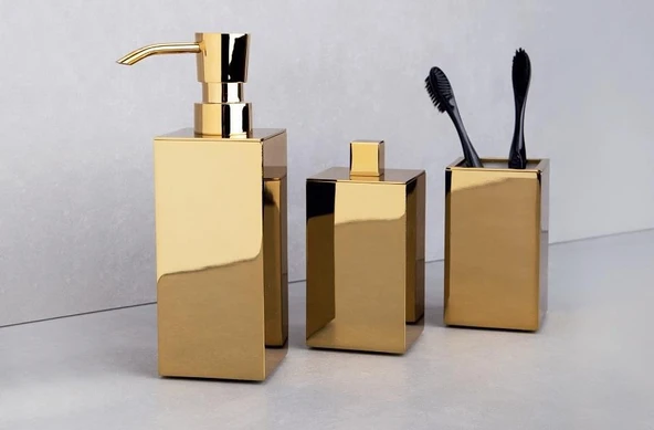 Kare Gold Parlak Sıvı Sabunluk Diş Fırçalık Pamukluk Seti ürün görseli 1