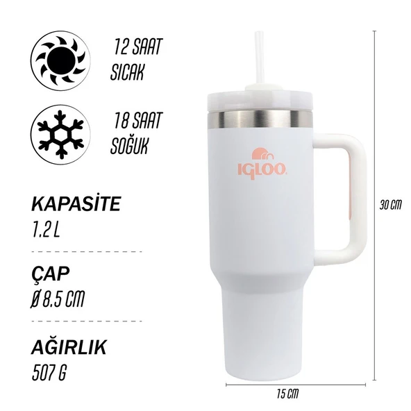 Igloo Stadler Thermo-Mug 1.2 Lt Beyaz Pipetli Termos - Resim 2