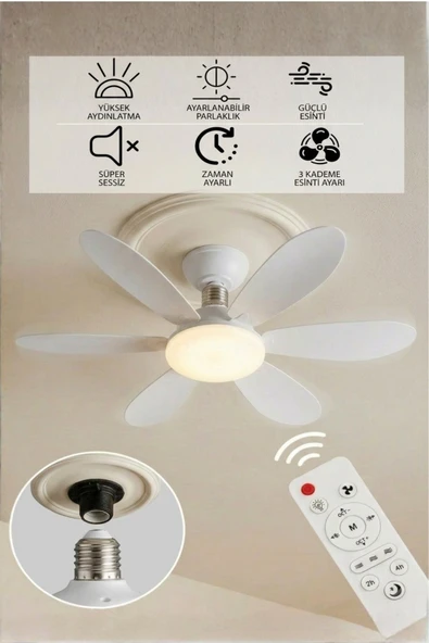 6 Kanatlı Led Lamba 3 Kademe 3 Renk Işıklı Sessiz Tavan Vantilatörü Kumandalı Tavan Fanı Led Ampül ürün görseli 1